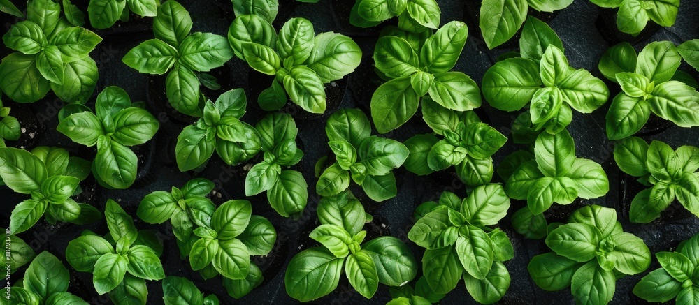 Top view of young green basil seedlings perfect for keto or paleo diet concept menu background with copy space image Top view of young green basil seedlings perfect for keto or paleo diet concept menu background with copy space image