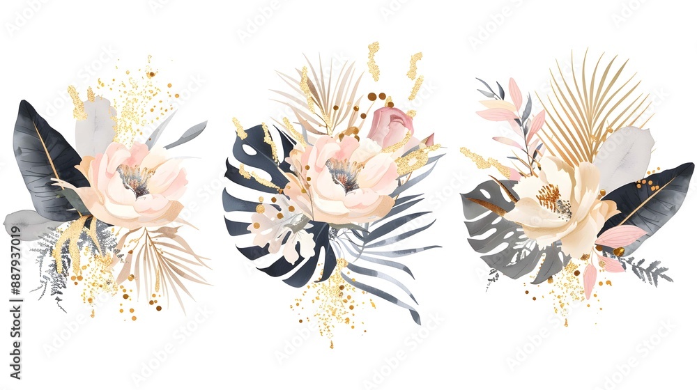 Obraz premium Luxury wedding bouquets watercolor and gold splatters vector set. Floral foliage, tropical leaves, artificial plants , Botanical art design set for wedding logo, wall art, canvas prints, invite card. 