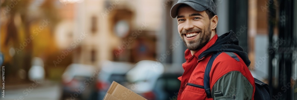 A delivery driver in a uniform smiles warmly while holding a package, standing on a city street A delivery driver in a uniform smiles warmly while holding a package, standing on a city street