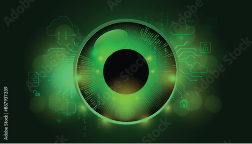 Digital eye binary circuit board future technology, green eye cyber security vector background.