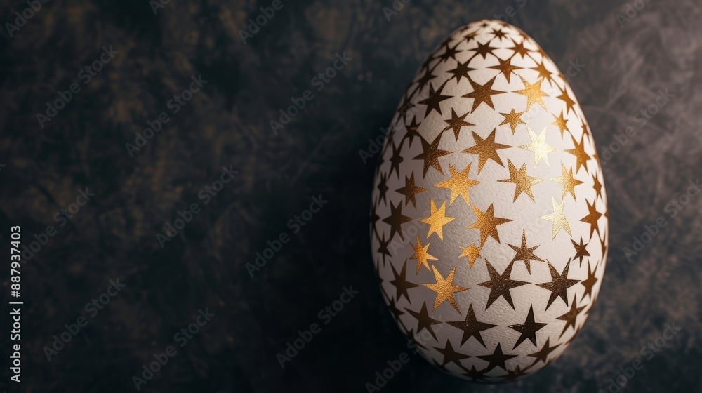 An intricately decorated egg with starry patterns, set against a dark, elegant background, positioned on the right side An intricately decorated egg with starry patterns, set against a dark, elegant background, positioned on the right side