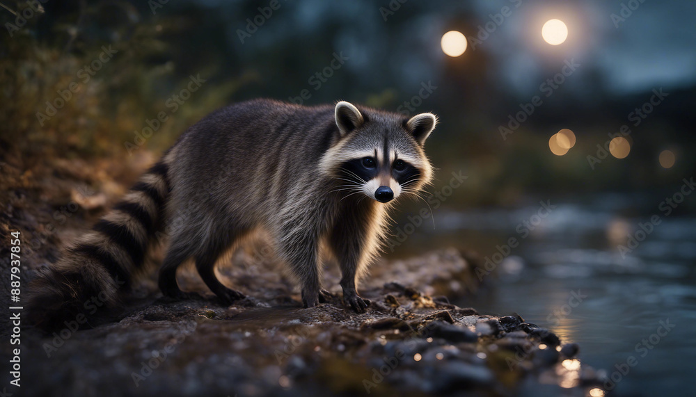 Obraz premium A raccoon scavenging near a stream, moonlit night 