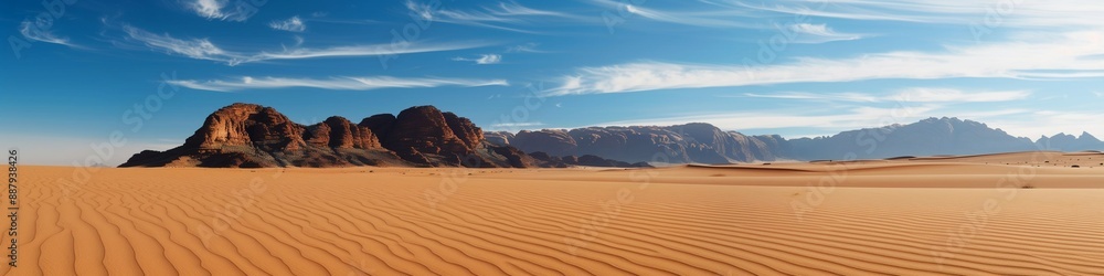 Fototapeta premium Landscape overlooking the sandy desert. Natural background with copy space. Minimalistic landscape with sand dune