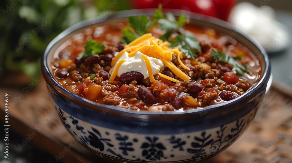 Fototapeta premium Hearty bowl of chili with beans, ground beef, and spices, topped with sour cream and cheese, captured in a cozy kitchen