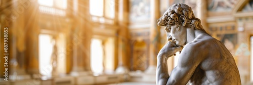 A side angle shot of a classical marble sculpture of a thinker, his hand resting thoughtfully on his chin, displayed in a museum setting