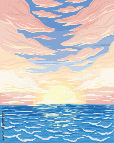 Beautiful sunset seascape. Calming ocean view. Romantic landscape with sea, sky, clouds. Summer vacation scenery concept art. Colorful flat vector illustration for print, postcard design, backgrounds.