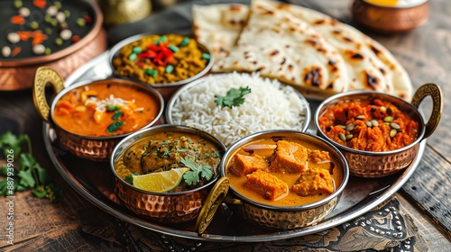 Traditional Indian thali with various dishes including curry, naan, rice, and chutneys, served on a metal platter photo