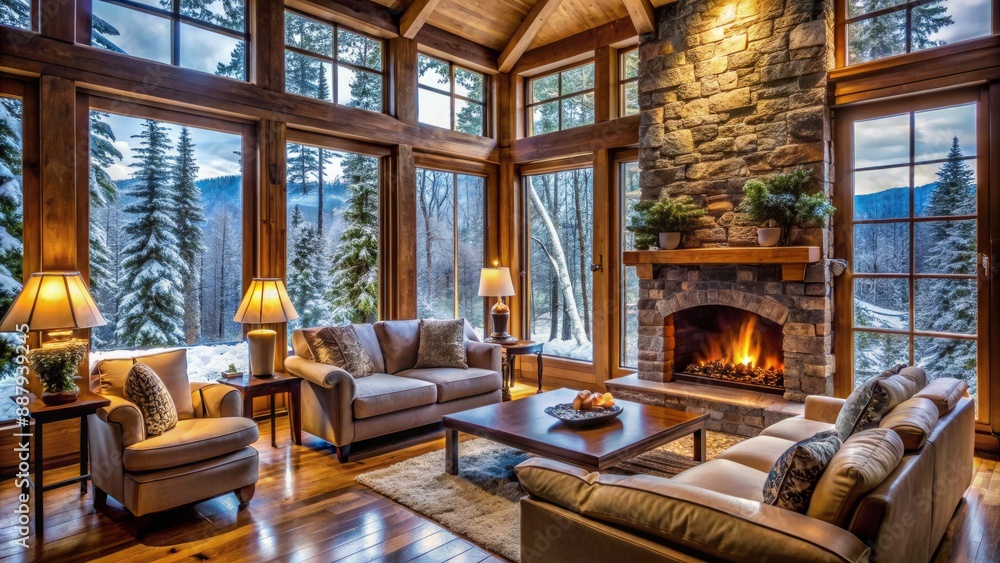 Inviting cabin interior features a crackling fireplace, plush furnishings, and expansive windows offering a serene view of snow-drenched trees, radiating warmth and luxury on a cold winter's day. Inviting cabin interior features a crackling fireplace, plush furnishings, and expansive windows offering a serene view of snow-drenched trees, radiating warmth and luxury on a cold winter's day.
