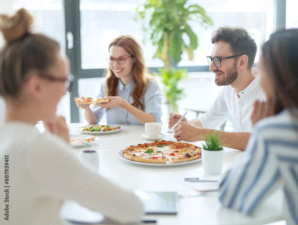 Colleagues are eating pizza at the office background.. People eating pizza macro photo. Colleagues are eating pizza at the office background.. People eating pizza macro photo.