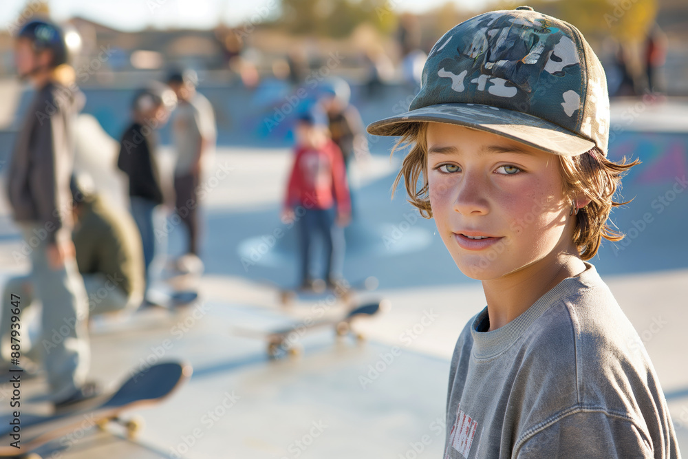 Young boy in skate park during sunny day. Perfect for illustrating youth culture, outdoor activities, and urban lifestyle. Suitable for promotional and editorial use Young boy in skate park during sunny day. Perfect for illustrating youth culture, outdoor activities, and urban lifestyle. Suitable for promotional and editorial use