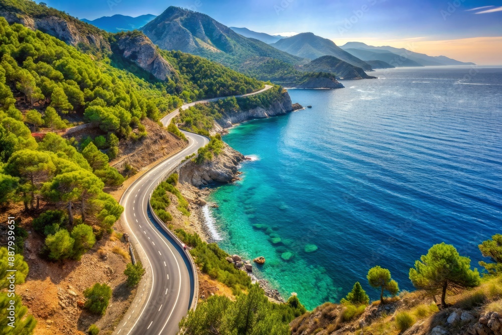 Scenic highway winding along turquoise Mediterranean coast, sun-kissed ocean views, and lush green hills on a warm summer day in picturesque Turkey. Scenic highway winding along turquoise Mediterranean coast, sun-kissed ocean views, and lush green hills on a warm summer day in picturesque Turkey.