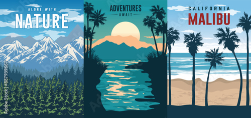 Adventure await colorful set posters