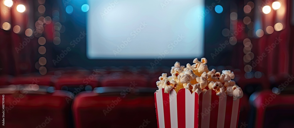 Concept of a cinema setting with popcorn a blank screen in the background for copy space image