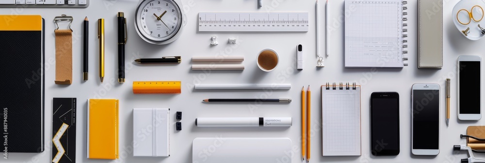 Office supplies are arranged in a flat lay style on a white background. The image includes a variety of items, such as pens, pencils, rulers, notebooks, and a smartphone Office supplies are arranged in a flat lay style on a white background. The image includes a variety of items, such as pens, pencils, rulers, notebooks, and a smartphone