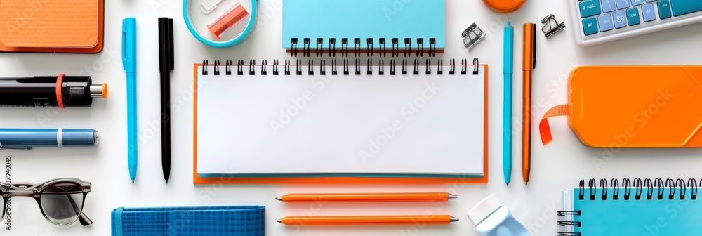 Obraz premium A top view flat lay of various office supplies including a notebook, pens, pencils, a calculator, and glasses on a white background with copy space