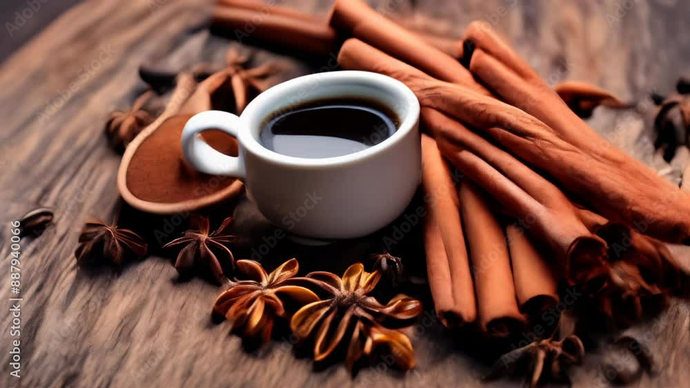 Warm spices and a cup of coffee perfect for a cozy afternoon Warm spices and a cup of coffee perfect for a cozy afternoon