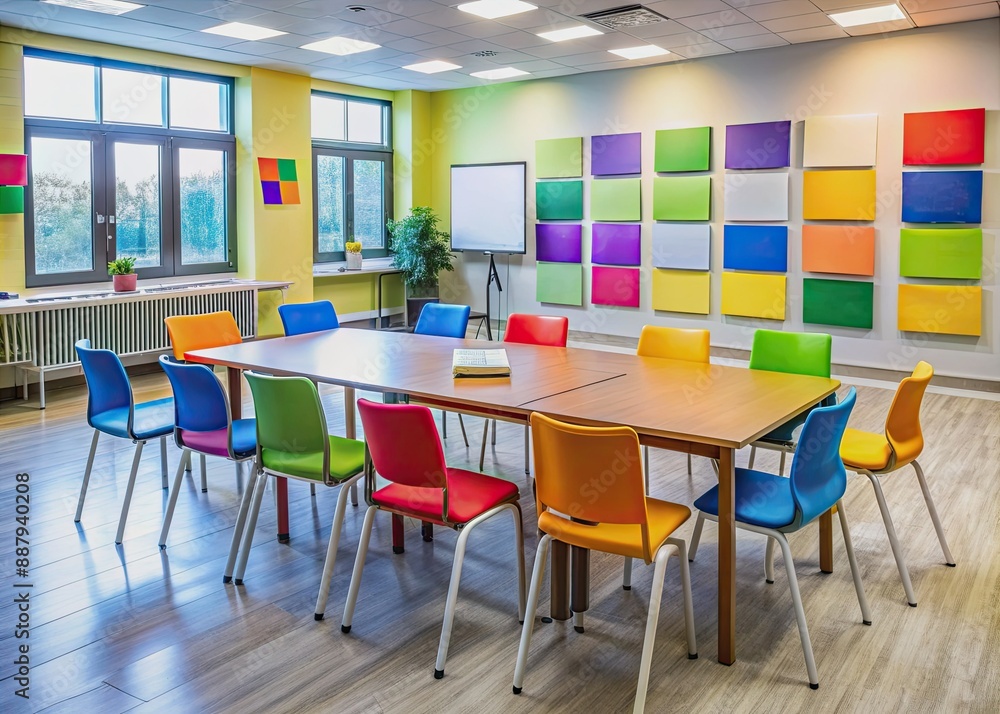 Colorful diversity posters and empty chairs surround a vacant workshop table, symbolizing a safe space for students to engage in open discussions and foster social responsibility. Colorful diversity posters and empty chairs surround a vacant workshop table, symbolizing a safe space for students to engage in open discussions and foster social responsibility.
