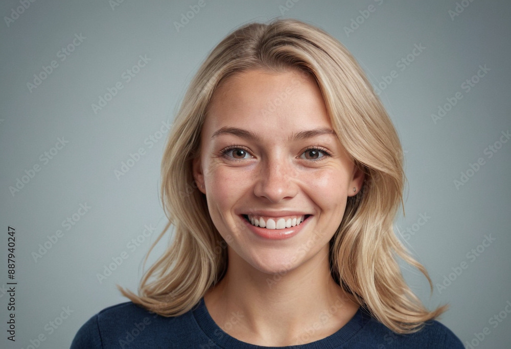 Portrait view of a regular happy smiling Norway woman, ultra realistic, candid, social media, avatar image, plain solid background Portrait view of a regular happy smiling Norway woman, ultra realistic, candid, social media, avatar image, plain solid background