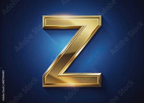 Golden metallic three-dimensional letter Z icon with a modern, sleek design, set against a dark blue background with subtle gradient effects. photo