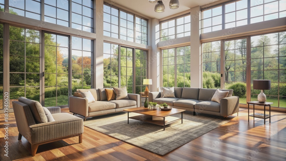 A serene empty living room with natural light pouring in through large windows, beautifully staged with modern furniture, awaiting new occupants. A serene empty living room with natural light pouring in through large windows, beautifully staged with modern furniture, awaiting new occupants.