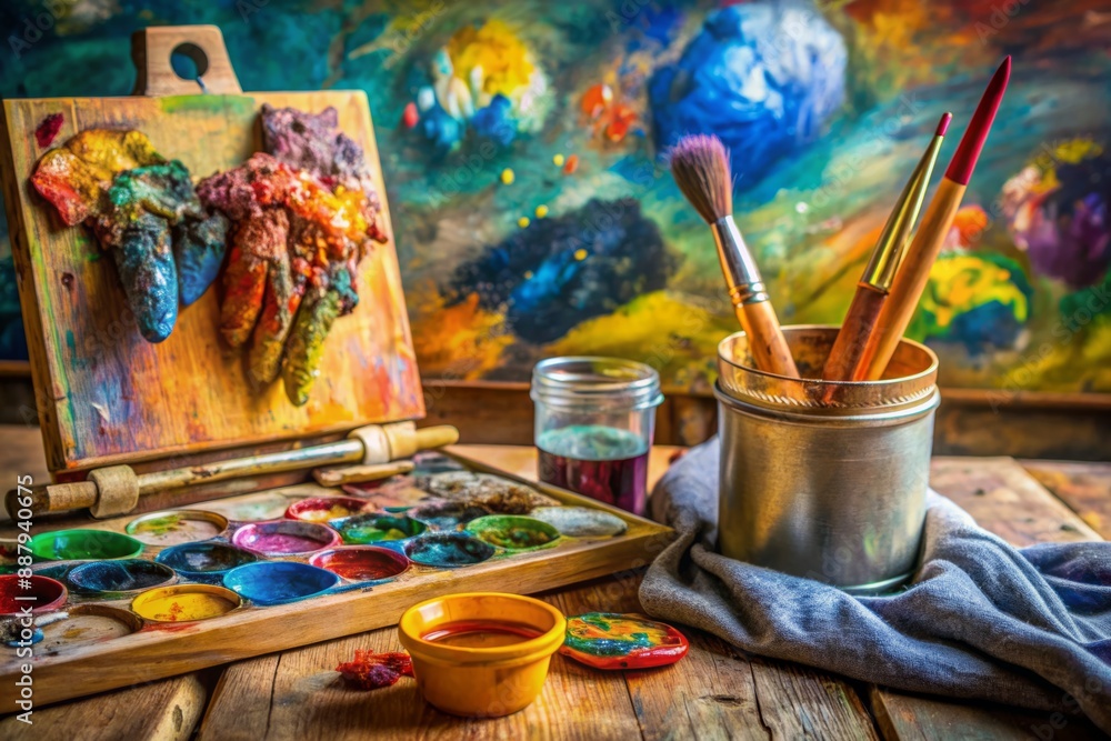 A painter's hand is absent, but their tools remain, surrounded by vibrant paint containers, a colorful palette, and an unfinished canvas awaiting artistic expression. A painter's hand is absent, but their tools remain, surrounded by vibrant paint containers, a colorful palette, and an unfinished canvas awaiting artistic expression.