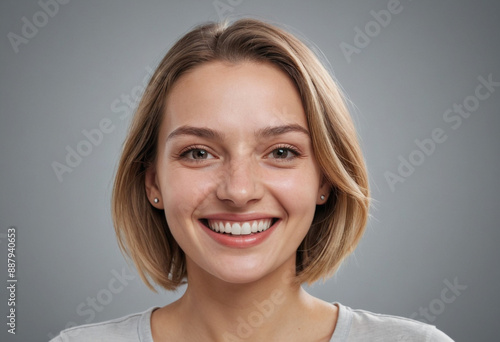 Portrait view of a regular happy smiling Slovakia woman, ultra realistic, candid, social media, avatar image, plain solid background