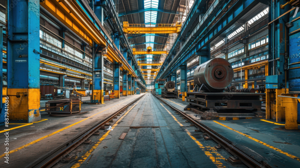 Fototapeta premium Expansive view of an industrial factory with wide aisles, overhead cranes, and machinery, highlighting manufacturing infrastructure.