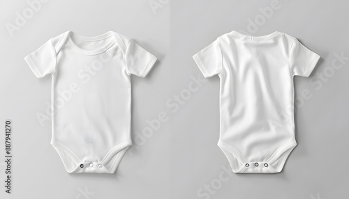 White baby onesie mockup template isolated on gray background, front and back view