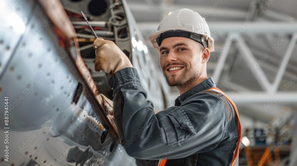 A man in a blue and orange safety vest is smiling while working on an airplane