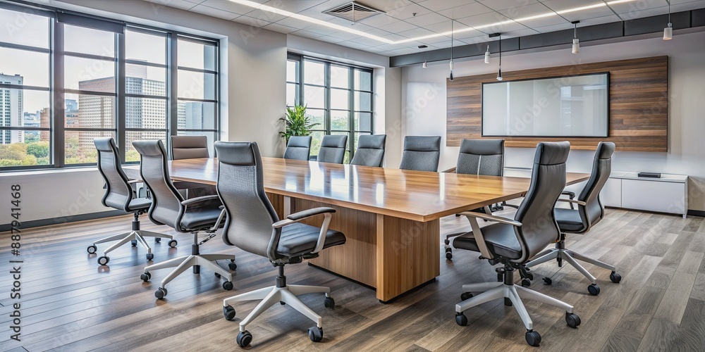 Modern empty boardroom table surrounded by chic chairs, whiteboard, and sleek technology, awaiting collaboration and innovative ideas from a diverse team of professionals. Modern empty boardroom table surrounded by chic chairs, whiteboard, and sleek technology, awaiting collaboration and innovative ideas from a diverse team of professionals.
