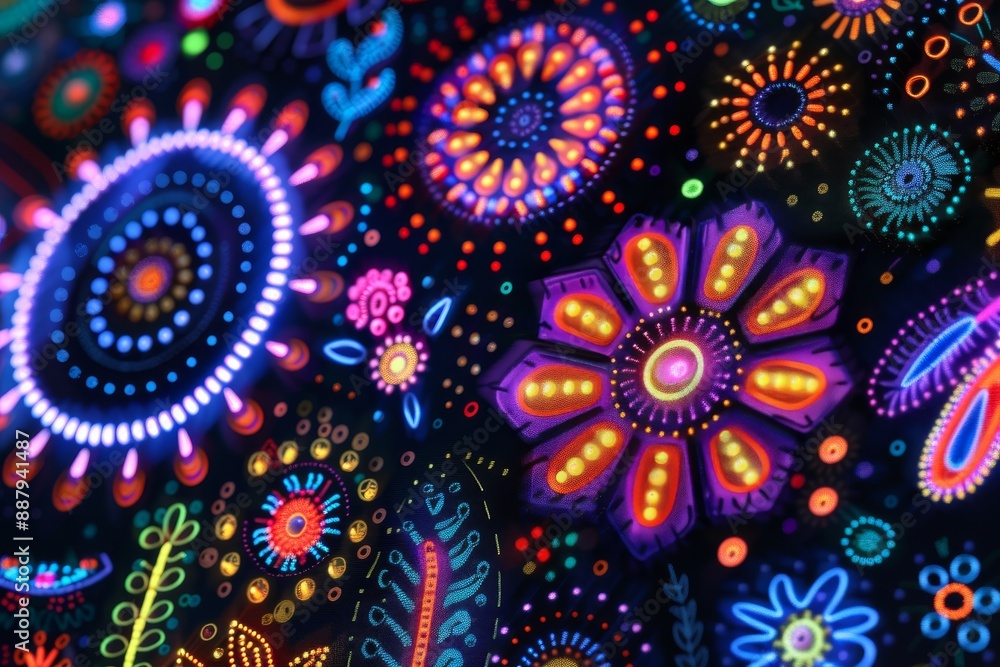 Abstract neon floral pattern, capturing a vibrant and dynamic visual effect with bright elements. Abstract neon floral pattern, capturing a vibrant and dynamic visual effect with bright elements.