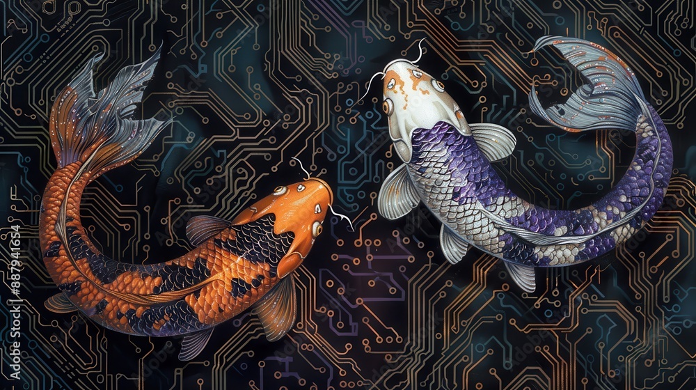 Digital Art of Koi Fish with Intricate Circuit Board Background, Symbolizing Technology and Nature Fusion Digital Art of Koi Fish with Intricate Circuit Board Background, Symbolizing Technology and Nature Fusion