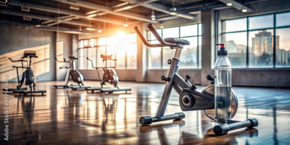An empty gym background focuses on a stationary bike with sweat-drenched handlebars and a discarded water bottle, conveying perseverance in weight loss journey. An empty gym background focuses on a stationary bike with sweat-drenched handlebars and a discarded water bottle, conveying perseverance in weight loss journey.