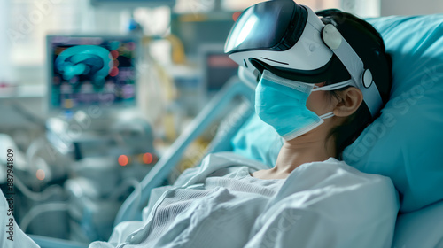 A patient in a hospital bed, wearing a VR headset and mask, blending technology with healthcare. photo