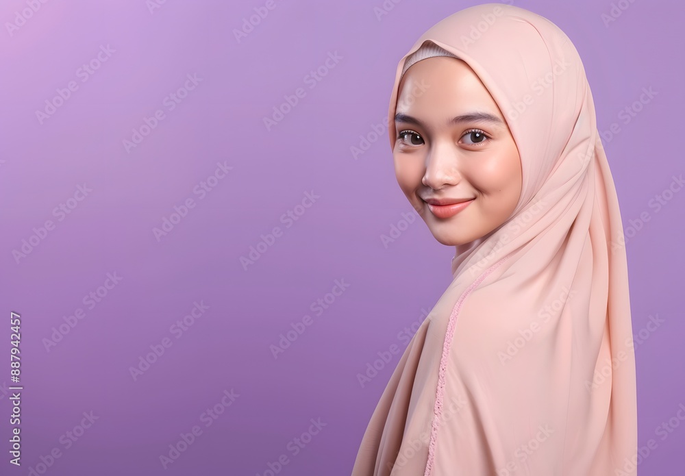 Modern hijabi girl wearing a soft pastel colored shawl, smiling and looking to the side on an isolated purple background with copy space area Modern hijabi girl wearing a soft pastel colored shawl, smiling and looking to the side on an isolated purple background with copy space area