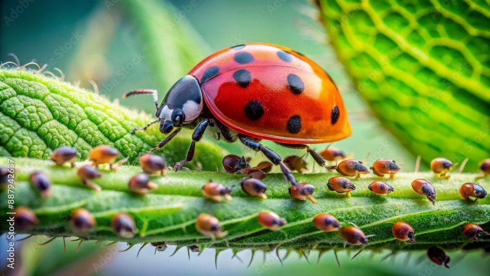 Obraz premium Vibrant ladybug navigates lush green leaf, amidst swarm of tiny aphids, exemplifying eco-friendly farming practice of utilizing natural predators for gentle pest management.