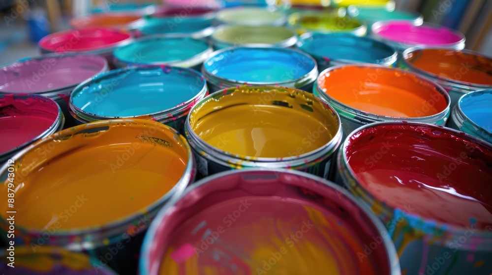 Rows of colorful paint cans. Rows of colorful paint cans.