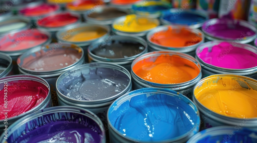 Rows of colorful paint cans. Rows of colorful paint cans.