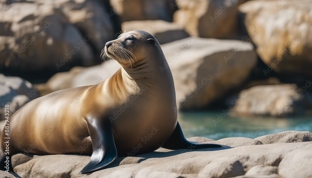 Obraz premium A sea lion basking on the rocks, bright midday 