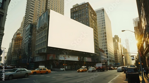 Blank Billboard in Urban Setting: A large blank billboard in a busy urban area, surrounded by tall buildings and bustling traffic.
