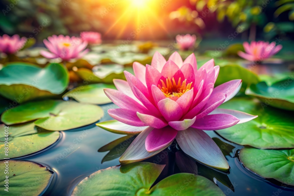 Vibrant pink lotus flower blooms in a serene pond surrounded by nenuphar water lilies and lush green leaves, capturing summer's beauty in stunning macro close-up detail. Vibrant pink lotus flower blooms in a serene pond surrounded by nenuphar water lilies and lush green leaves, capturing summer's beauty in stunning macro close-up detail.