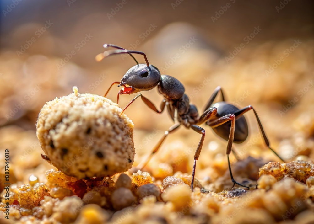 Tiny ant struggles to carry large crumb back to nest, its mandibles grasping tightly as it navigates rough terrain in warm, shallow focus background. Tiny ant struggles to carry large crumb back to nest, its mandibles grasping tightly as it navigates rough terrain in warm, shallow focus background.