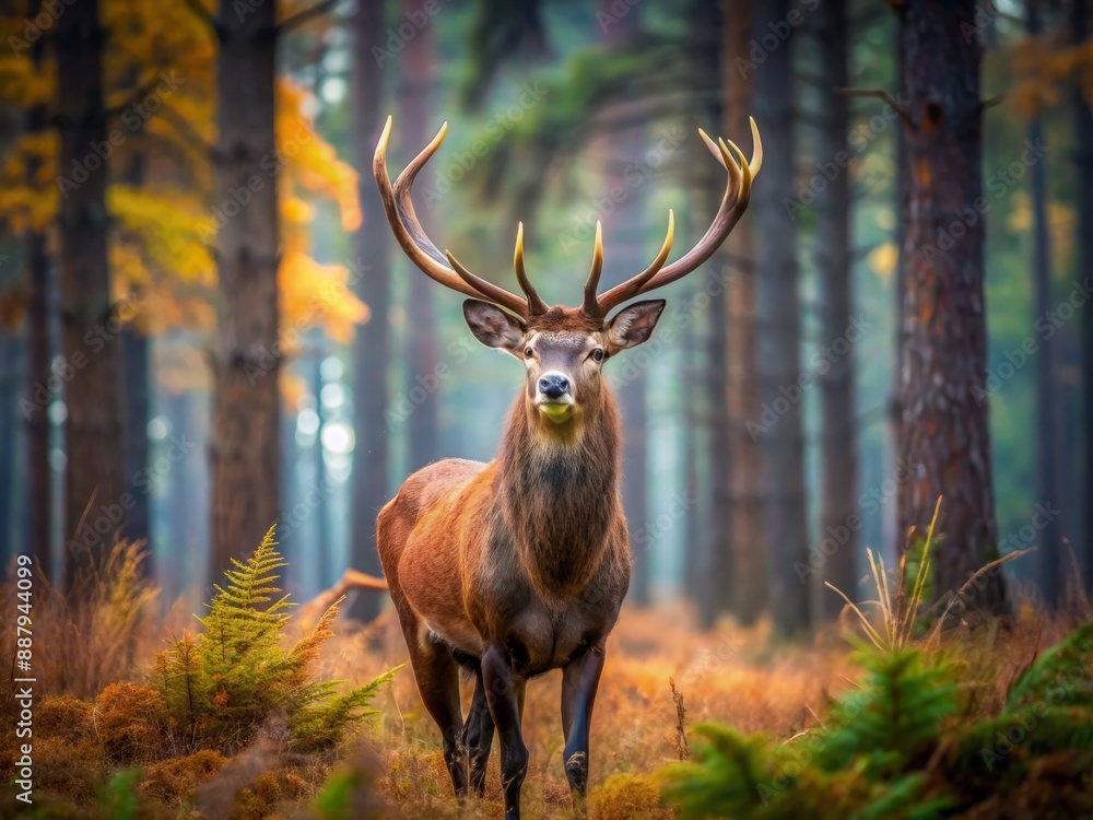 Majestic brown deer stands alert in autumn forest landscape surrounded by pine trees and grass, showcasing impressive antlers in a serene wilderness portrait. Majestic brown deer stands alert in autumn forest landscape surrounded by pine trees and grass, showcasing impressive antlers in a serene wilderness portrait.