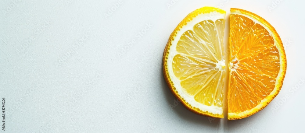 A vibrant orange slice contrasts with a muted one in a comparison and contrast copy space image on a white background A vibrant orange slice contrasts with a muted one in a comparison and contrast copy space image on a white background
