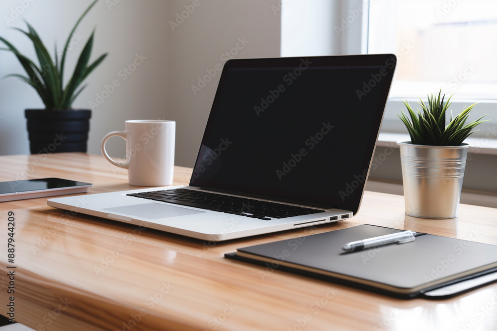 A sleek modern desk with a minimalist design. Remote work workplace A sleek modern desk with a minimalist design. Remote work workplace