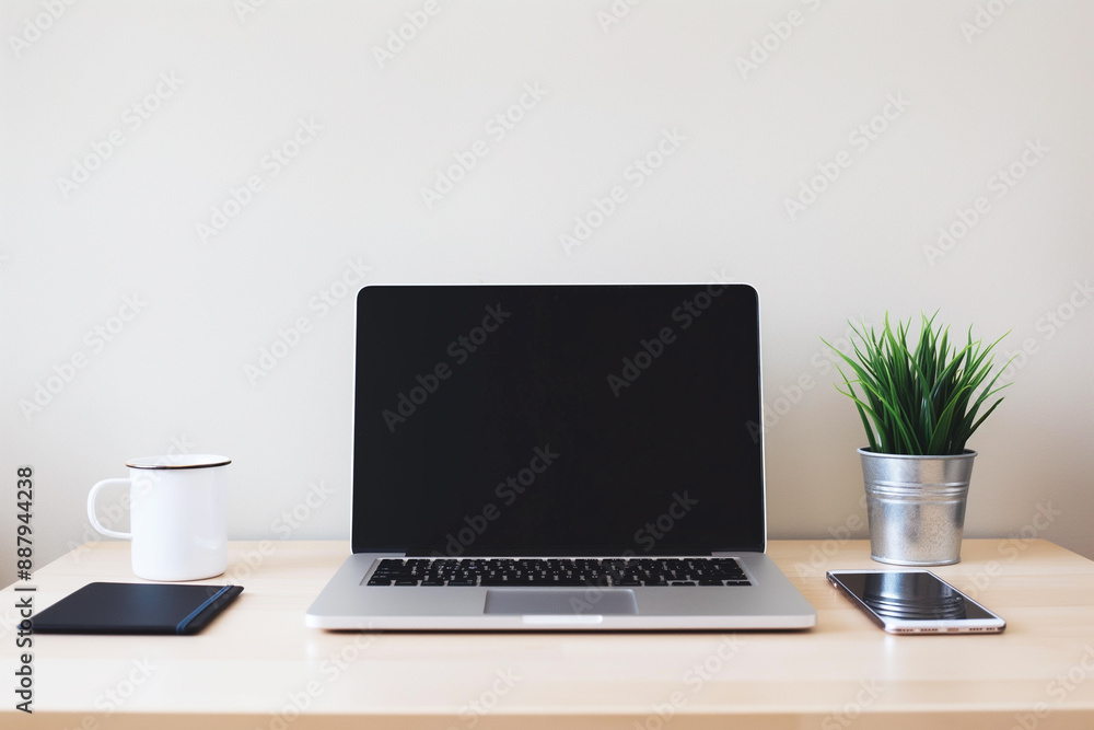 A sleek modern desk with a minimalist design. Remote work workplace A sleek modern desk with a minimalist design. Remote work workplace