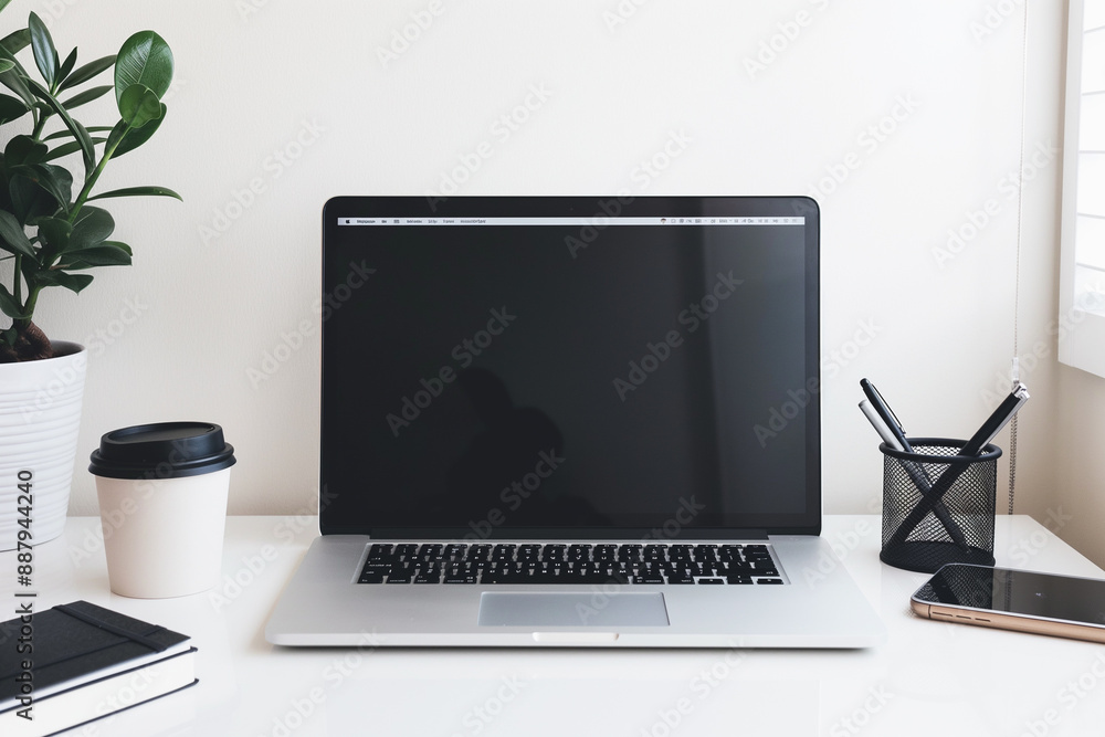 A sleek modern desk with a minimalist design. Remote work workplace A sleek modern desk with a minimalist design. Remote work workplace