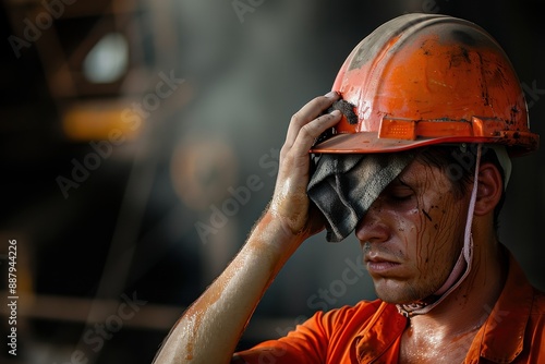 A construction worker in an orange uniform wipes sweat off his forehead with a cloth, helmet on head, exemplifying hard work and dedication in a demanding work environment. photo