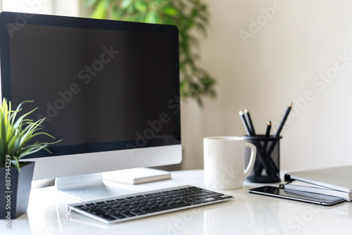 A sleek modern desk with a minimalist design. Remote work workplace photo