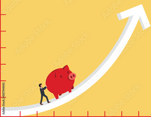 Increased investment profits or savings. Businessman push big piggy bank up rising graph